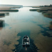 Boot mit Anglern fährt auf den Bodden heraus.