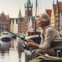 Anglerin sitzt im Stralsunder Hafen und fischt.